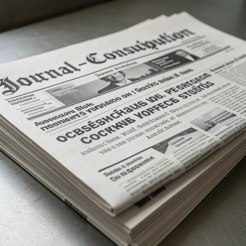Стопка экземпляров газеты The Atlanta Journal-Constitution с заголовками об общественных событиях, крупный план чёрно-белой полосы, акцент на профессиональном стандарте печатной прессы